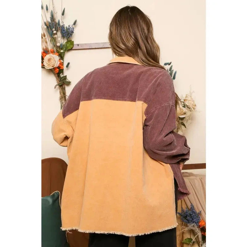 Peach Love California Color Block Corduroy Shirt - Brown/Mustard