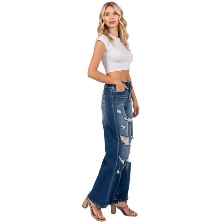 Petra153 Women's Destroyed High Rise Super Stretch Relaxed Wide Leg Jeans - Medium Wash
