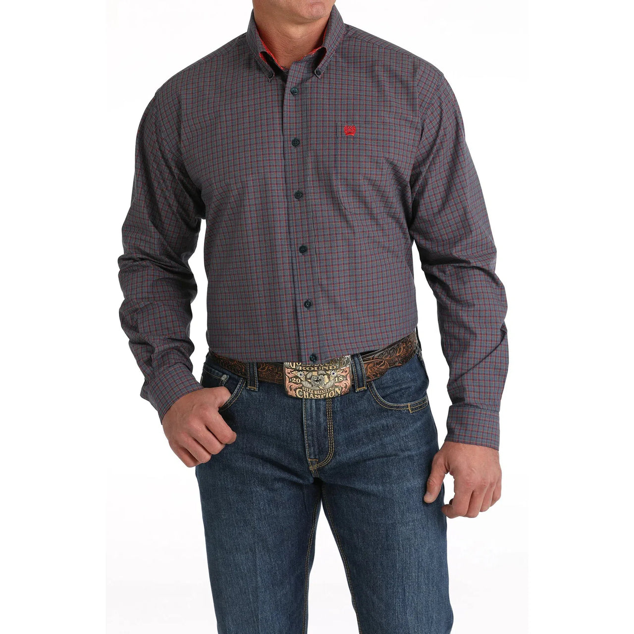 Cinch Men's Long Sleeve Plaid Button Down Western Shirt- Navy