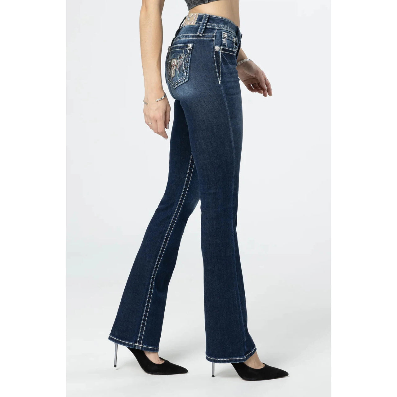 Miss Me Women's Mauve Longhorn Mid Rise Bootcut Jeans - Dark Wash