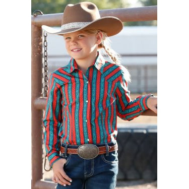 Cinch Girl's Stripe Button-Down Western Shirt - Copper/Turquoise