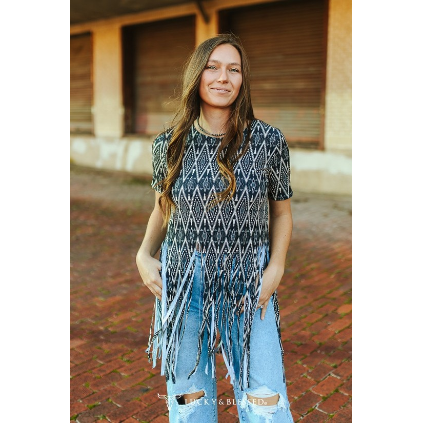 Lucky & Blessed Women's Branded Printed Fringe Hem Short Sleeve Top-Black