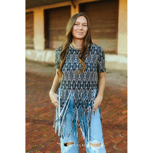 Lucky & Blessed Women's Branded Printed Fringe Hem Short Sleeve Top-Black