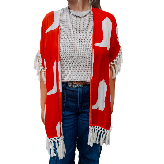 Rock & Roll Women's Kimono - Cowboy Boot Print - Red