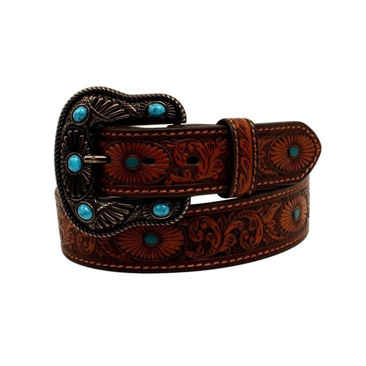 Nocona Women's Oval Burst Scroll Embossed Belt - Brown/Turquoise