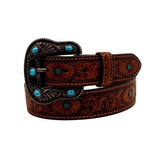 Nocona Women's Oval Burst Scroll Embossed Belt - Brown/Turquoise