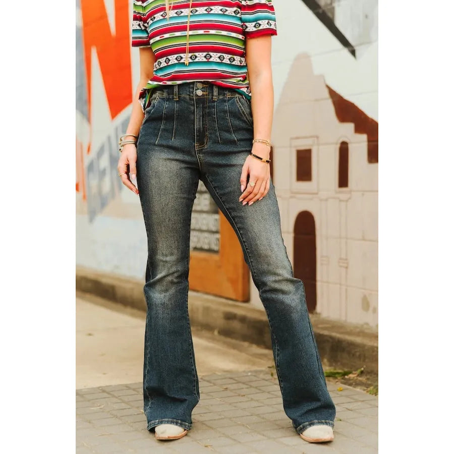 Lucky & Blessed Women's Plus Size High Rise Darted Waist Flare Jeans- Dark Wash