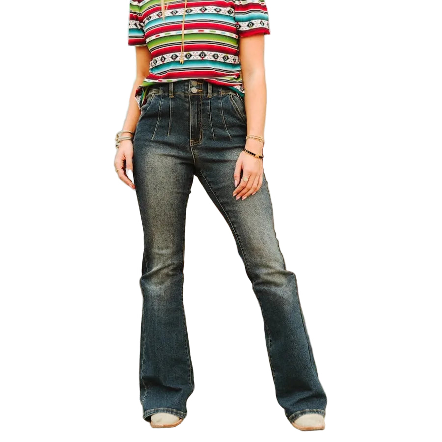 Lucky & Blessed Women's Plus Size High Rise Darted Waist Flare Jeans - Dark Wash