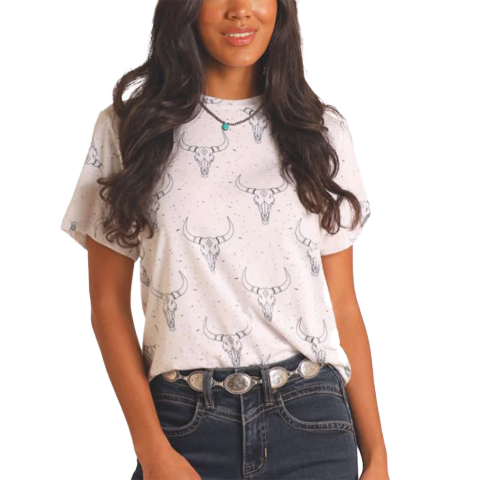 Rock & Roll Unisex Longhorn All Over Printed Short Sleeve Tee Shirt-White