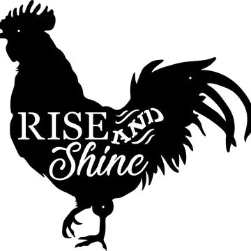 Rustic Metal Rooster "Rise and Shine" Sign - Black