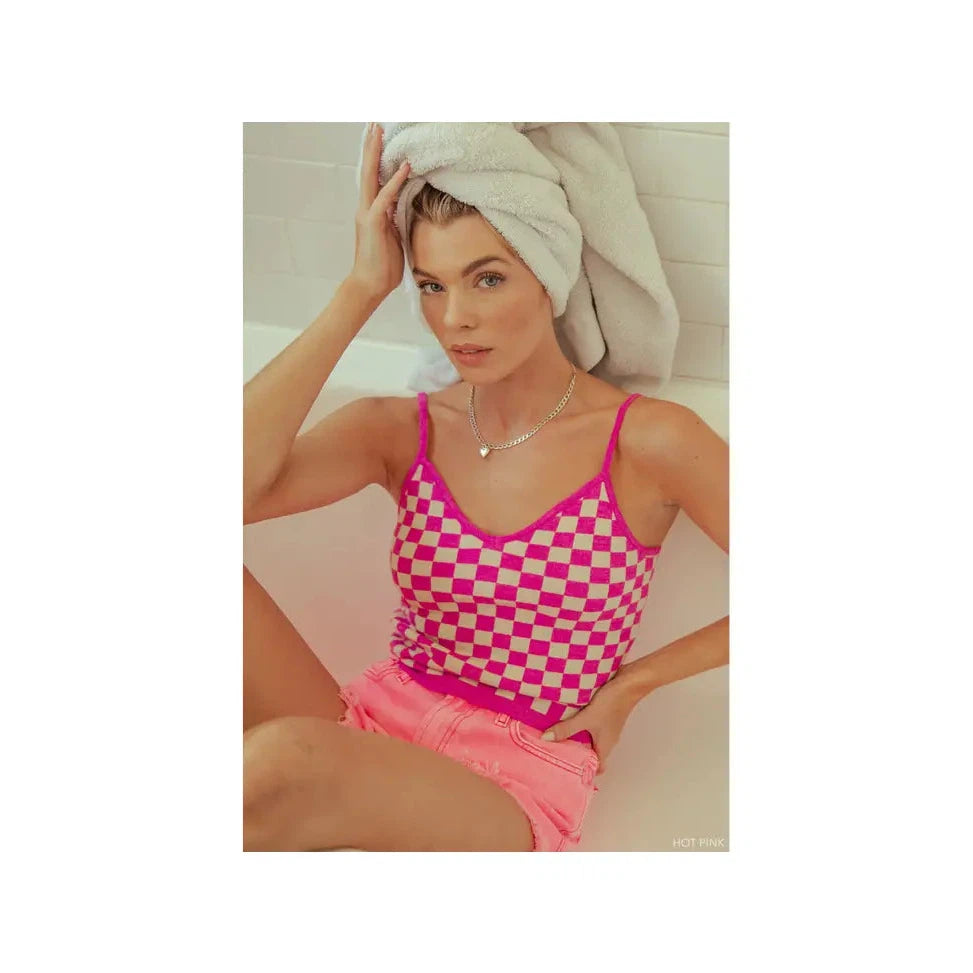 Kori Women's Checker Board Soft Cami Crop Top - Hot Pink