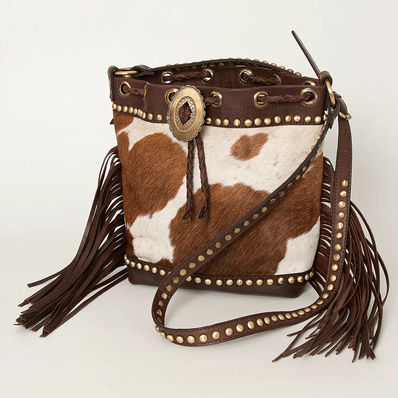 American Darling Studded Leather Fringe Crossbody Bucket Bag - Western Cowhide Style