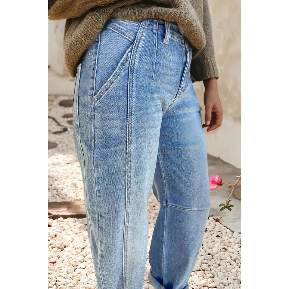 Little Daisy Multi Seam Detail Barrel Jeans-Sky Blue