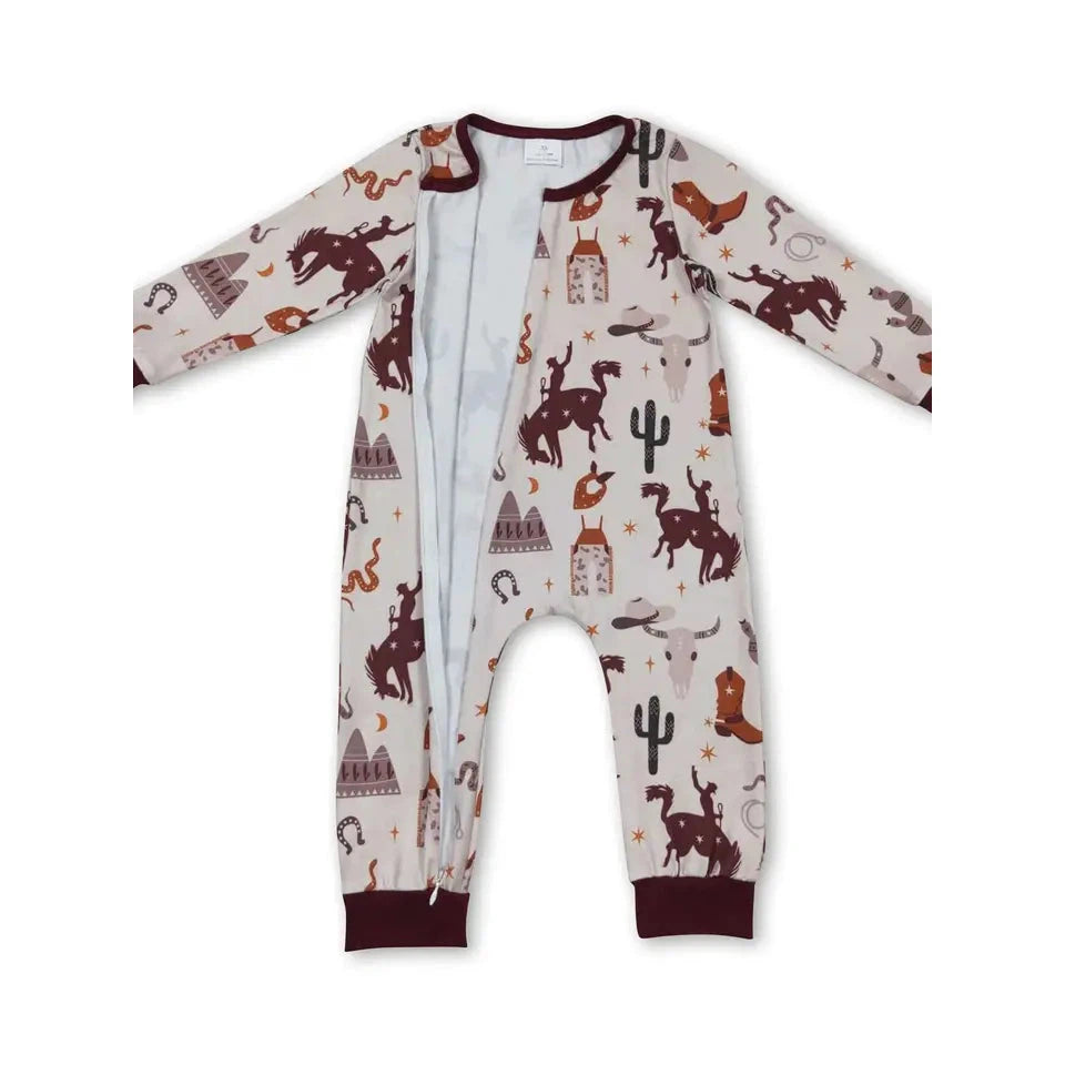 Yawoo Baby's Cactus Boots Rodeo Zipper Romper - White/Brown