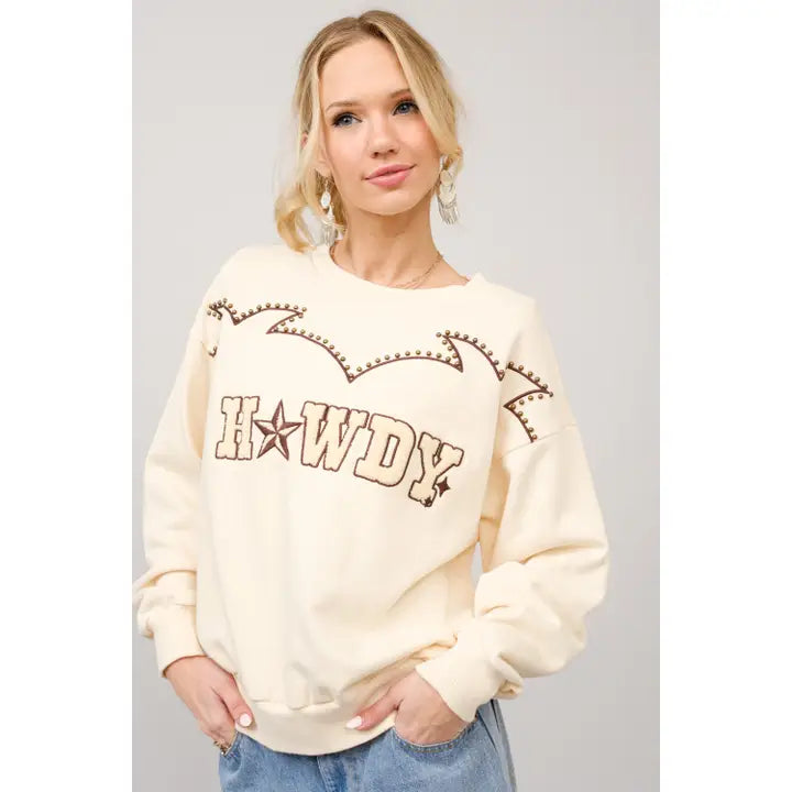 Women's Long Sleeve Howdy Studded Yoke Embroidered Sweatshirt- Sand