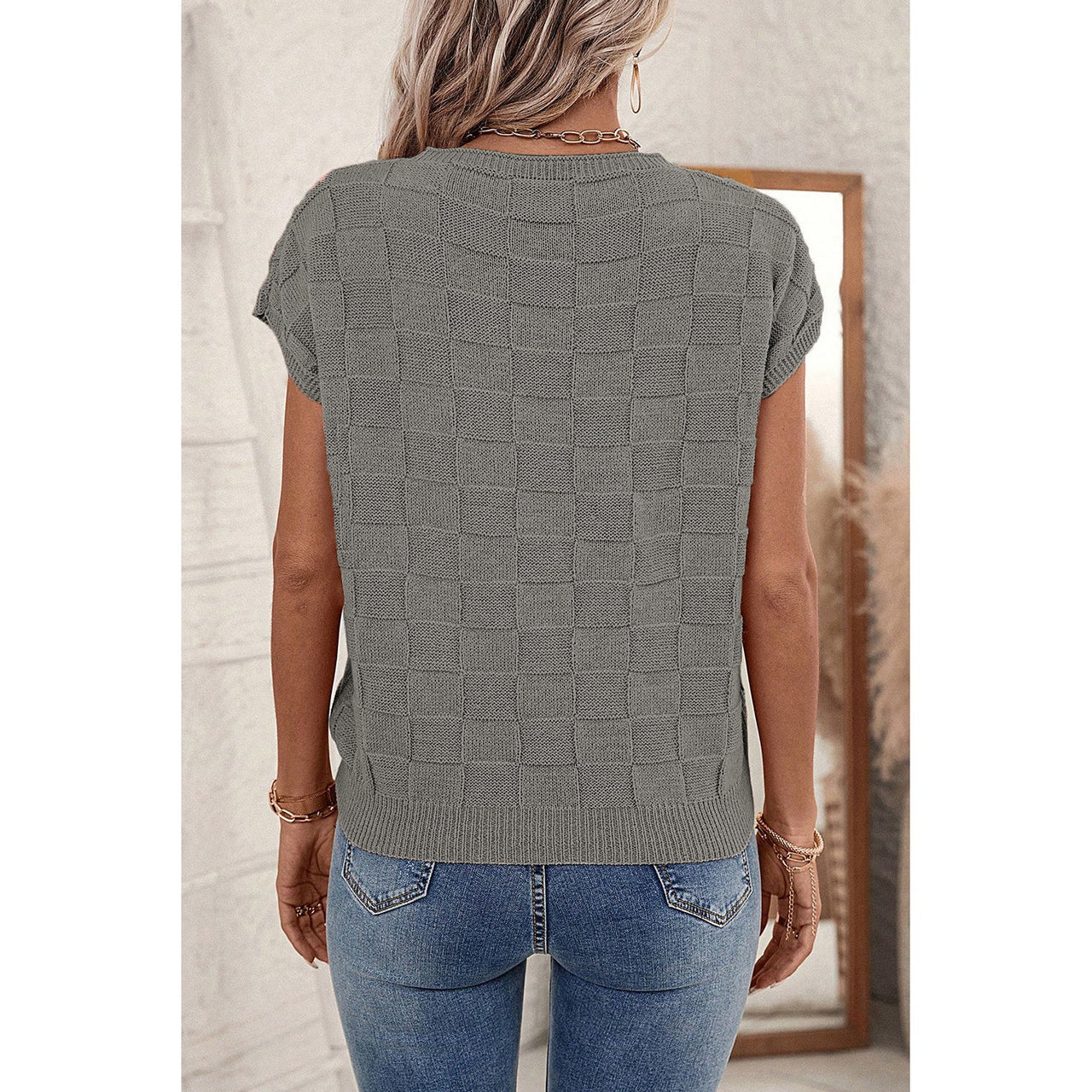 Dear Lover Women's Lattice Textured Knit Short Sleeve Sweater - Grey