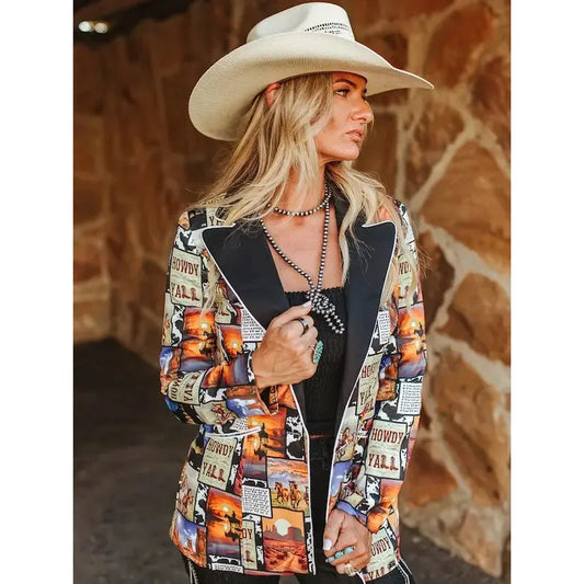 Lucky & Blessed Women's Western Collage Printed Ivory Piping Button Blazer-