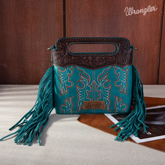 Wrangler Top Handle  Mini Leather Embroidered Fringe Purse - Assorted Colours