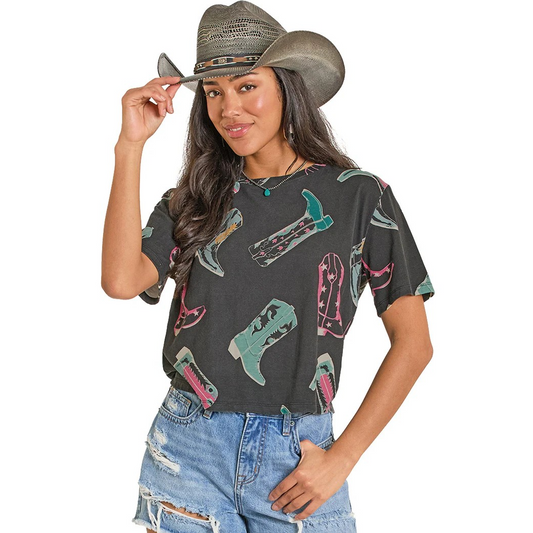 Rock & Roll Women's Boot Print Short Sleeve Tee Shirt - Black