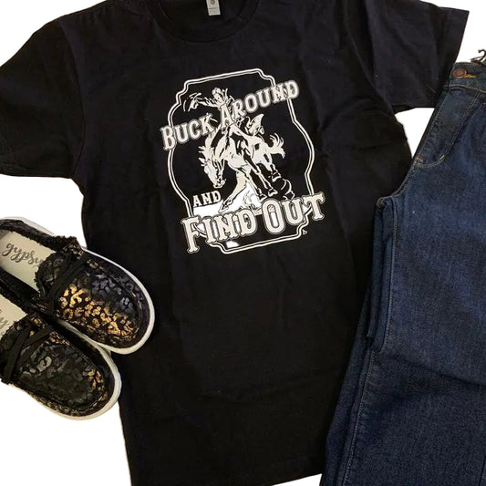 Rockin A Design Unisex Short Sleeve Buck Around and Find Out Tee Shirt- Black