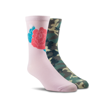 Ariat Women's Girl Next Door Crew Sock (2 Pair) - Green Camo/Pink Rose