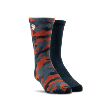 Ariat Kid's Orange Camo Graphic Crew Socks (2 Pairs) - Orange/Black