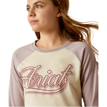 Ariat Girl's Pony Script Baseball Long Sleeve Shirt - Natural/Purple Dove Heather