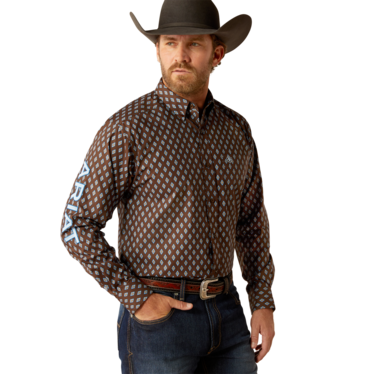 Ariat Men's Team Oak Logo Long Sleeve Shirt- Brown/Light Blue