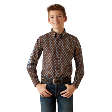 Ariat Boy's Team Oak Classic Fit Long Sleeve Shirt - Brown/Light Blue