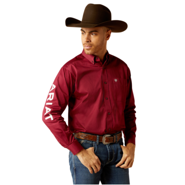 Ariat Men's Team Logo Twill Long Sleeve Classic Fit Shirt- Dark Red/White