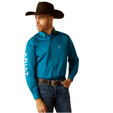 Ariat Men's Team Logo Twill Long Sleeve Classic Fit Shirt- Dark Teal / White