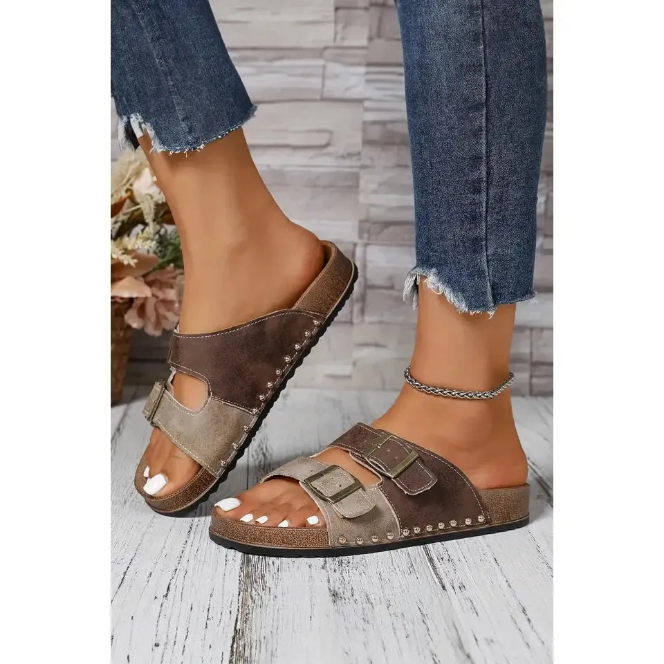 LDC Western Suede Rivet Hollow Out PU Leather Slip On Sandals- Coffee