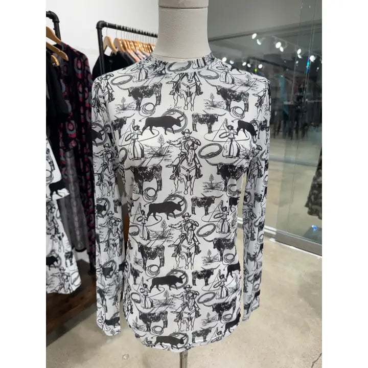 Rockin A Design Women's Long Sleeve Lasso Your Longhorn Mesh Shirt- Black/White