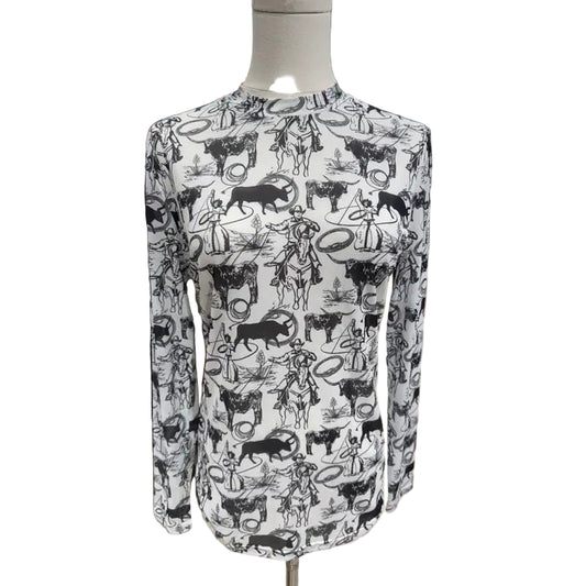 Rockin A Design Women's Long Sleeve Lasso Your Longhorn Mesh Shirt- Black/White