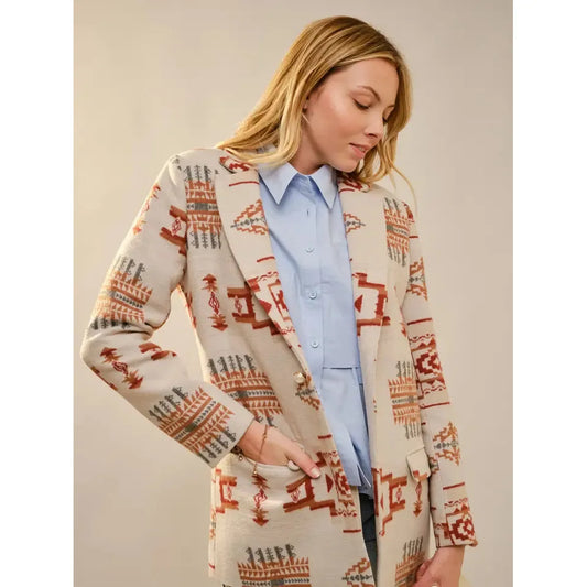 Blue B Women's Aztec Jacquard Jewel Button Blazer- Multiple Colours
