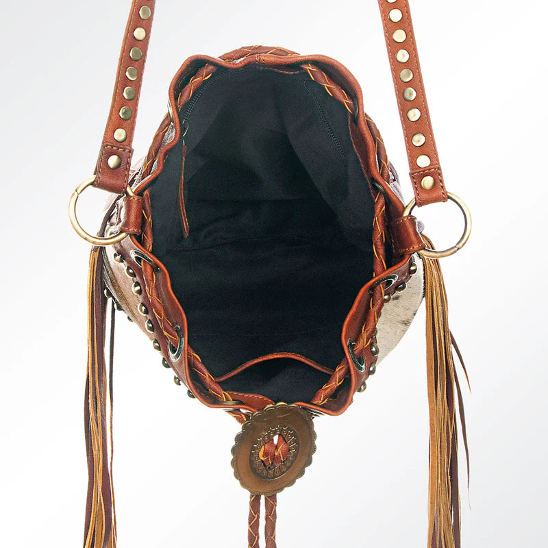 American Darling Studded Leather Fringe Crossbody Bucket Bag - Western Cowhide Style