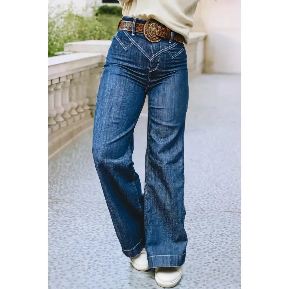Little Daisy Stitched Waist Detail Loose Cuff Jeans- Sail Blue