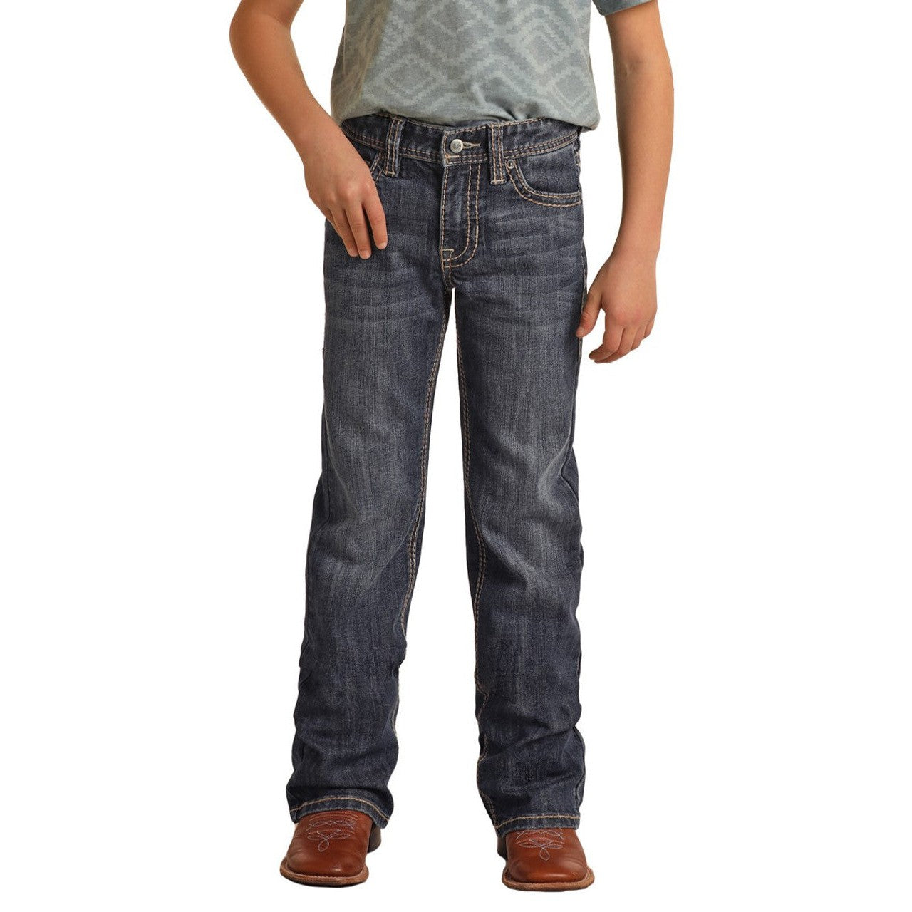 Rock & Roll Boy's Pleather Embroidered Bootcut Jeans - Dark Vintage