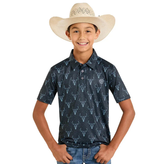 Rock & Roll Boy's Short Sleeve Border Longhorn Polo- Black