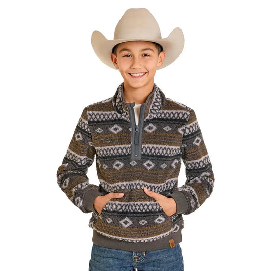 Rock & Roll Boy's Aztec Print Fleece Pullover- Brown