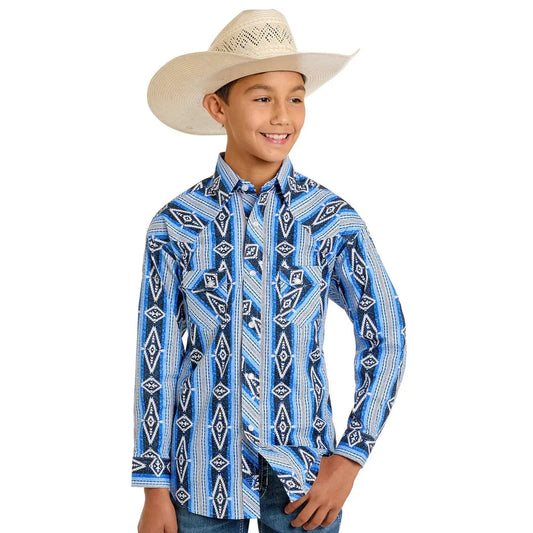 Rock & Roll Boy's Long Sleeve Aztec Stripe Print Snap Shirt- Blue