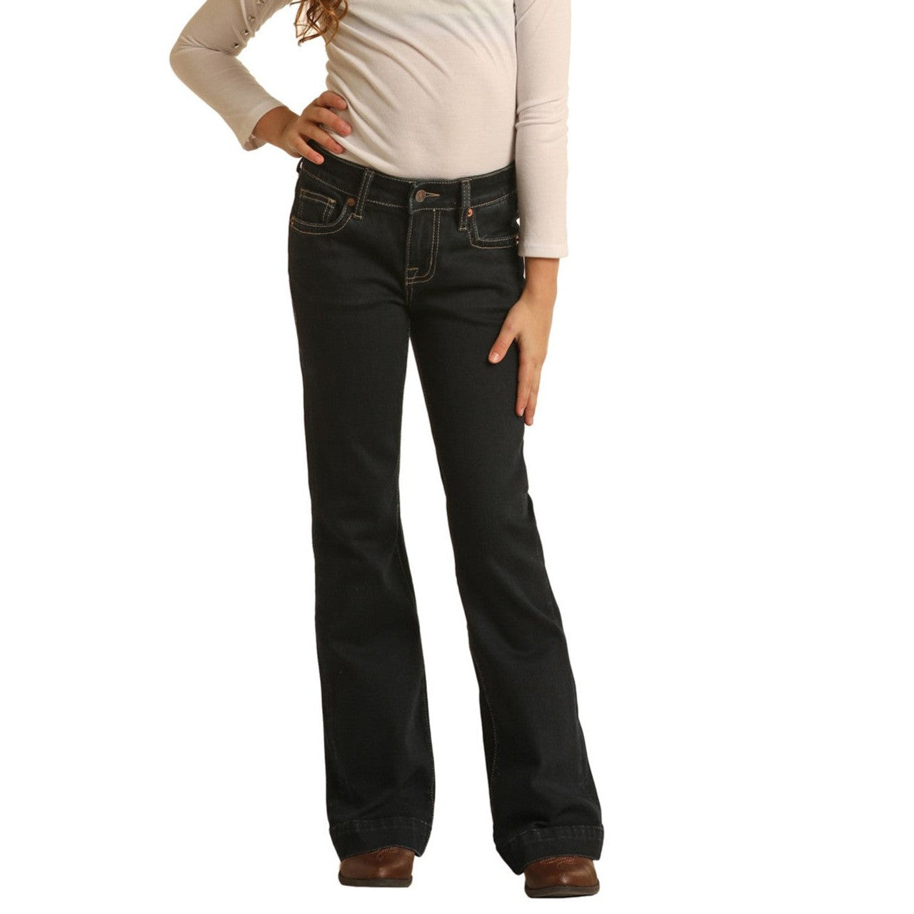 Rock & Roll Girl's Mid Rise Stretch Scallop Back Yoke Trouser Jeans - Dark Wash