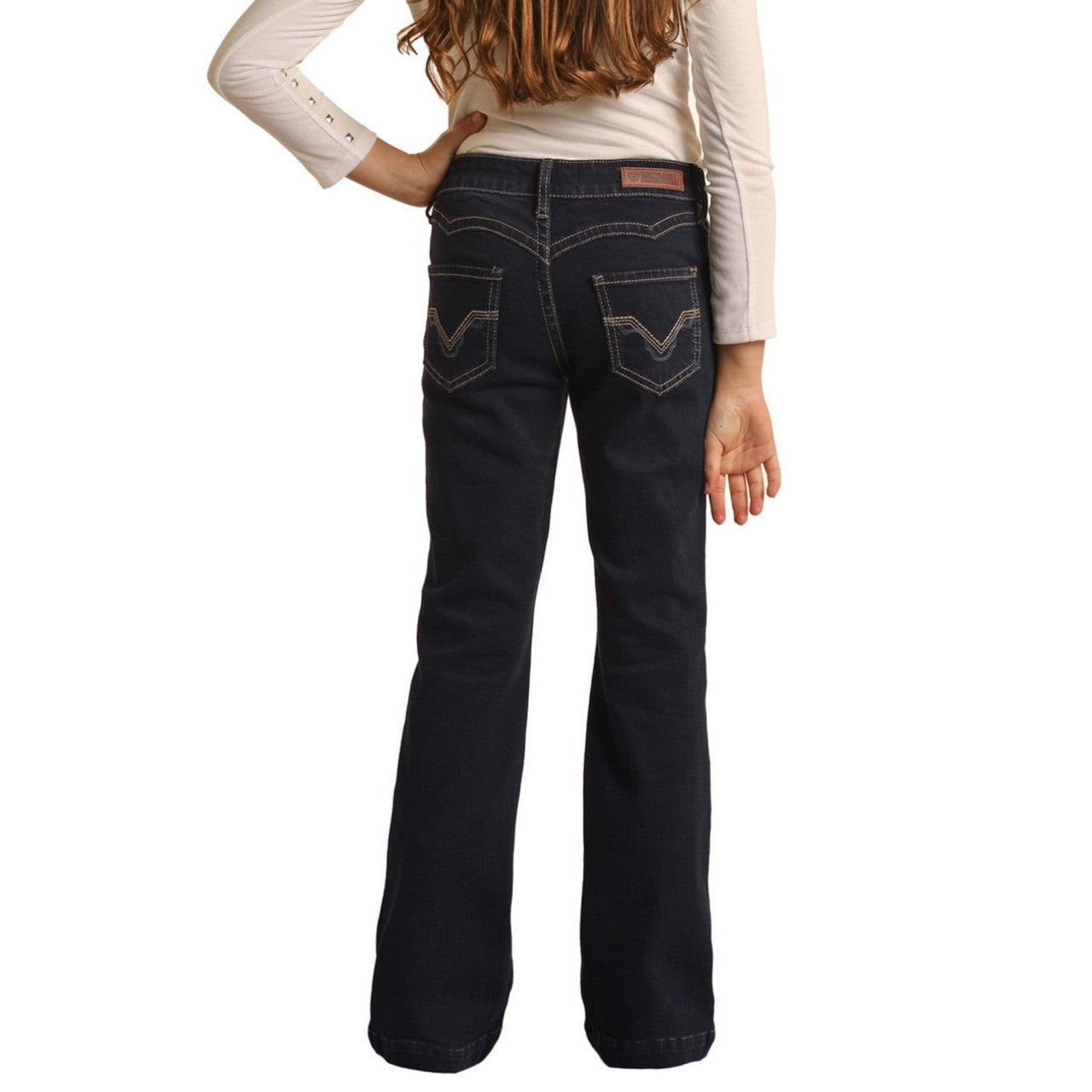 Rock & Roll Girl's Mid Rise Stretch Scallop Back Yoke Trouser Jeans - Dark Wash