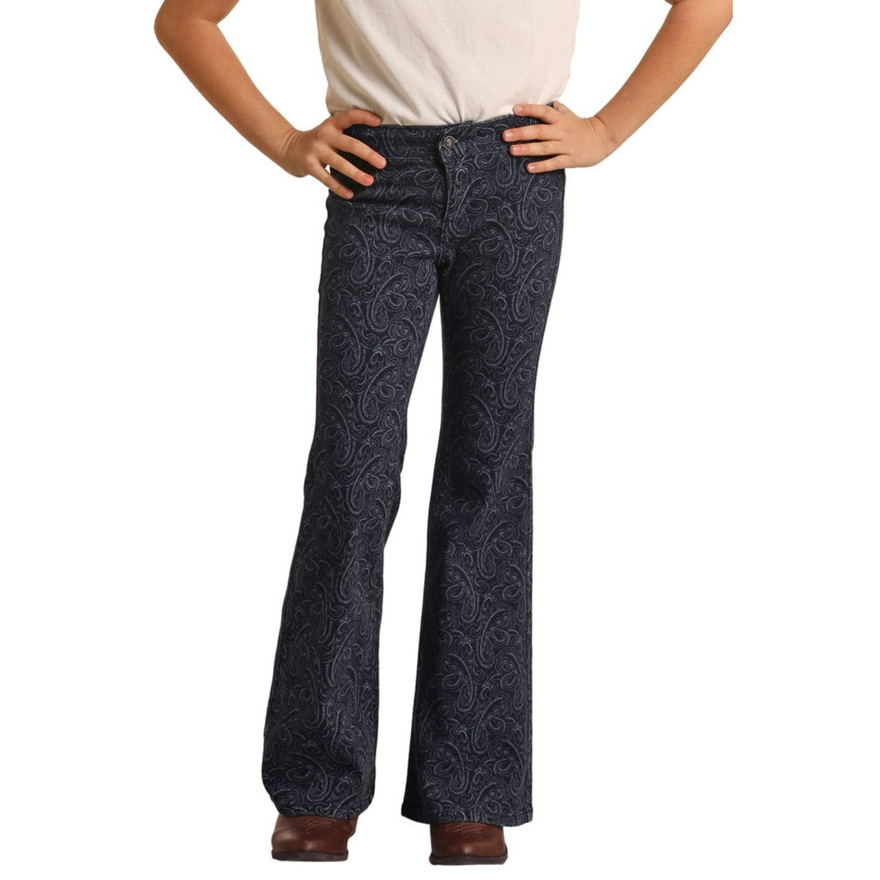 Rock & Roll Girl's Paisley Print Flare Jeans - Dark Wash