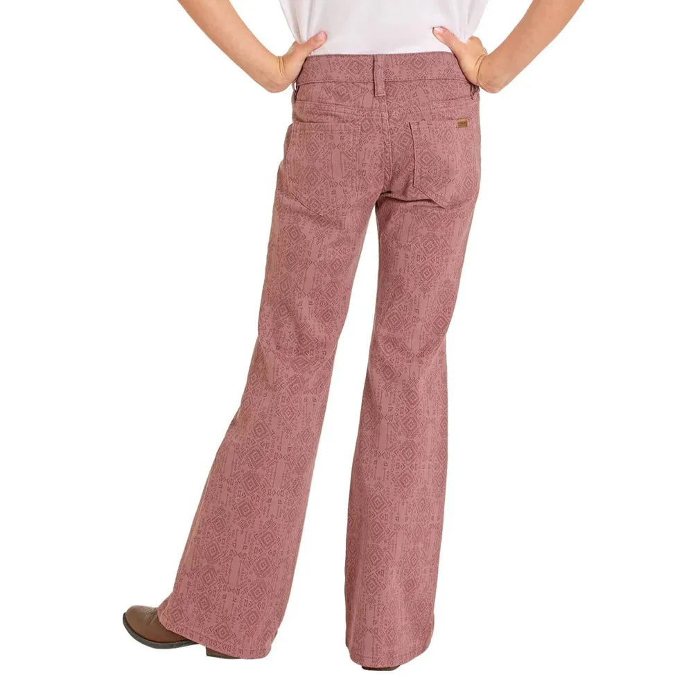 Rock & Roll Girl's Aztec Print Button Flare Jeans- Rose/Mauve