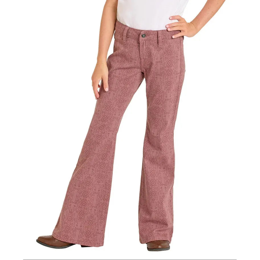 Rock & Roll Girl's Aztec Print Button Flare Jeans- Rose/Mauve