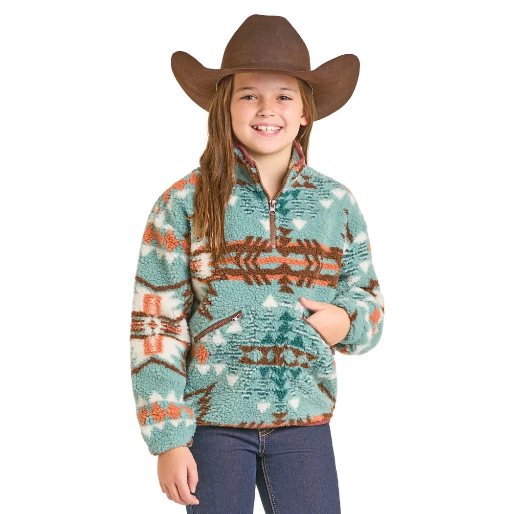 Rock & Roll Girl's Aztec Sherpa Pullover - Turquoise