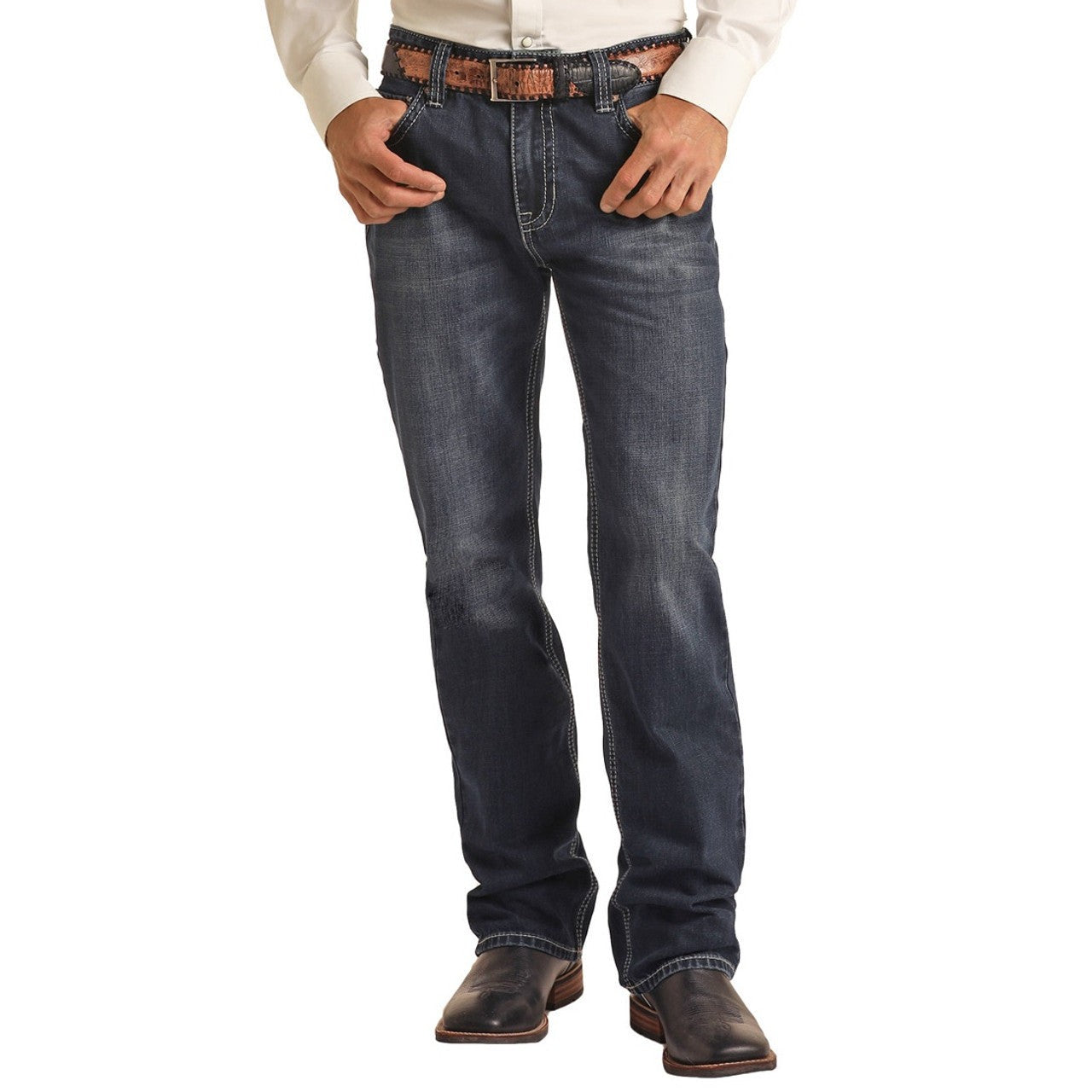 Rock & Roll Men's Double Barrel Relaxed Fit Straight Bootcut Jeans - Dark Vintage