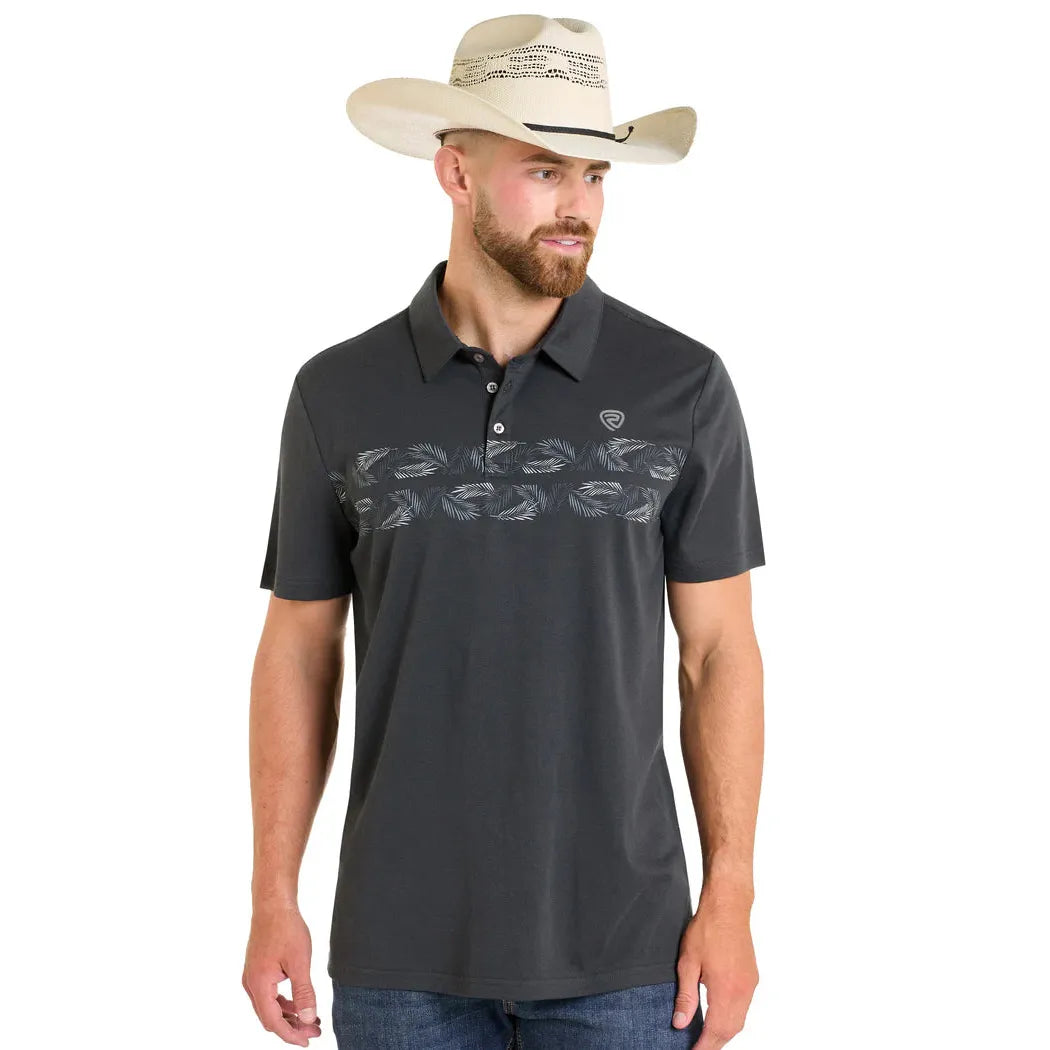 Rock & Roll Men's Short Sleeve Palm  Border Polo- Charcoal