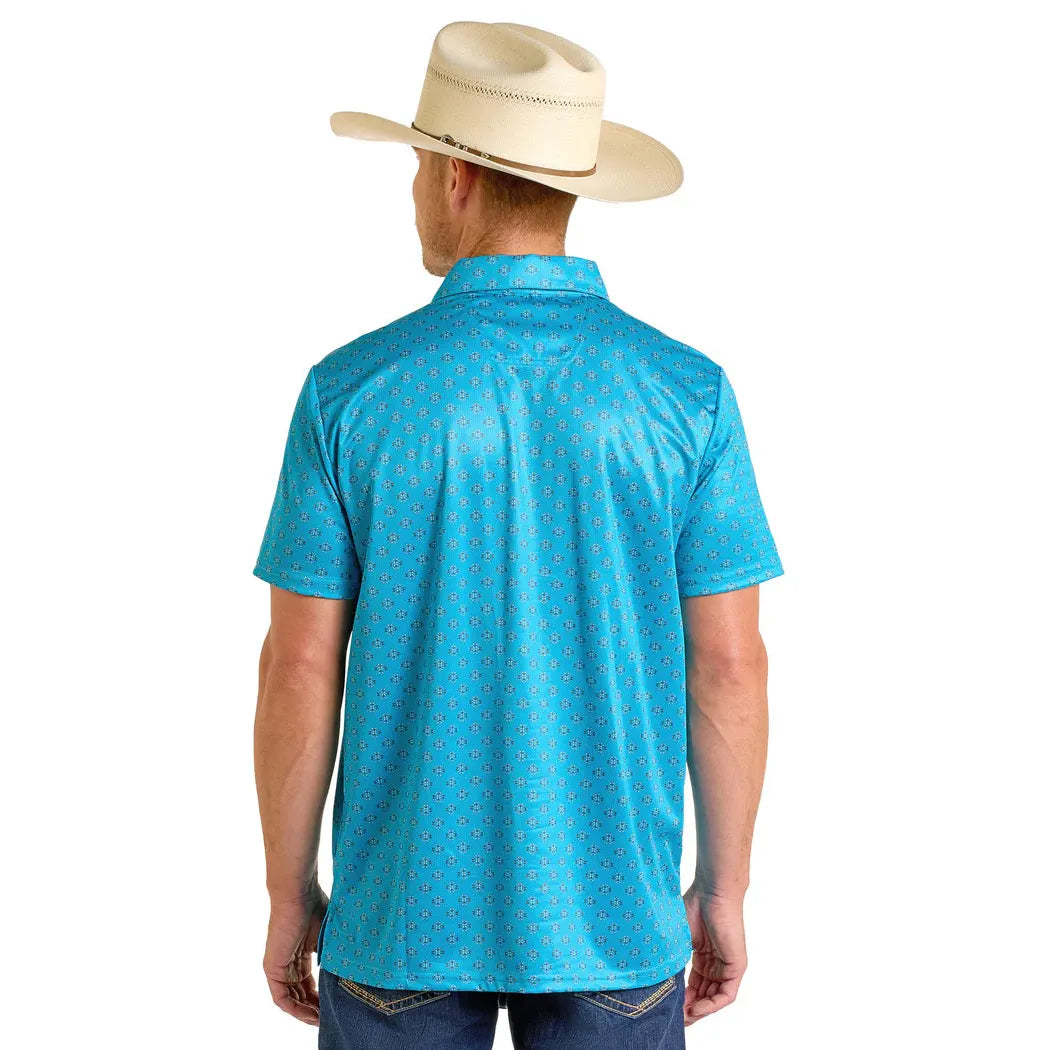 Rock & Roll Men's Short Sleeve MIni Aztec Print  Polo- Peacock Blue